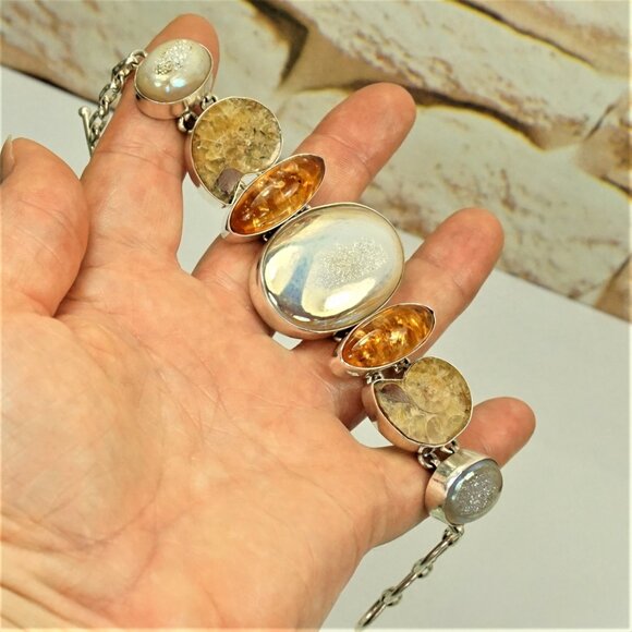 Rare Multi Stone 925 Silver Link Toggle Bracelet With Amber Ammonite Druzy MOP - Picture 1 of 16